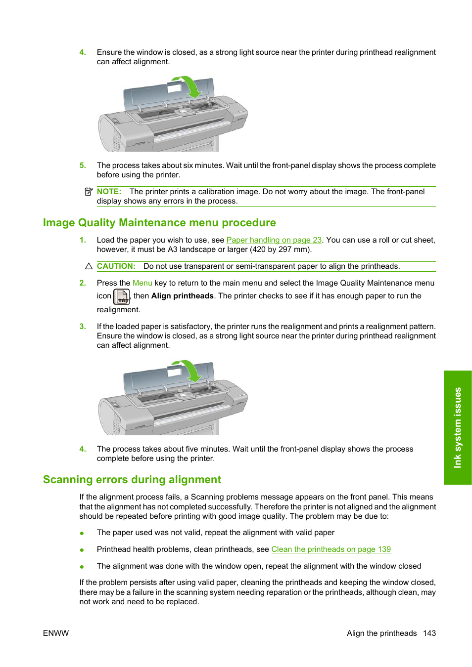 Image quality maintenance menu procedure, Scanning errors during alignment | HP Designjet T620 Printer series User Manual | Page 146 / 169