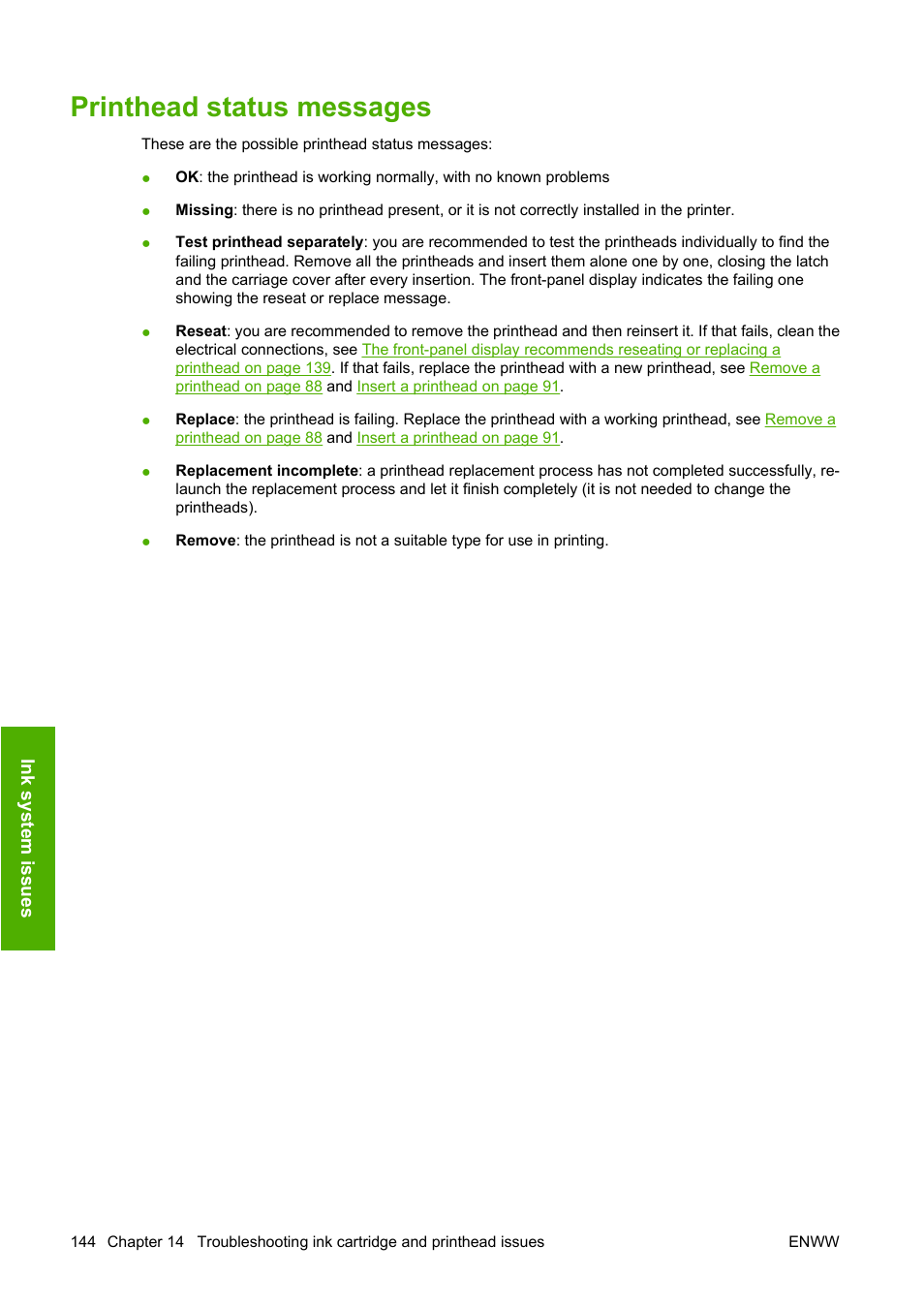 Printhead status messages | HP Designjet T620 Printer series User Manual | Page 147 / 169