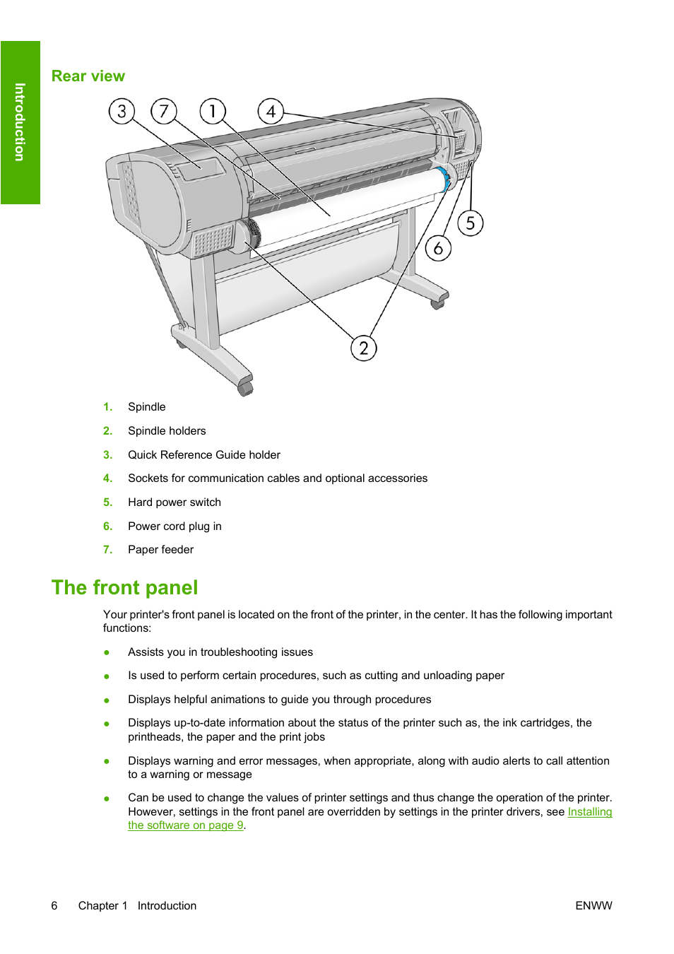 Rear view, The front panel | HP Designjet T620 Printer series User Manual | Page 15 / 169
