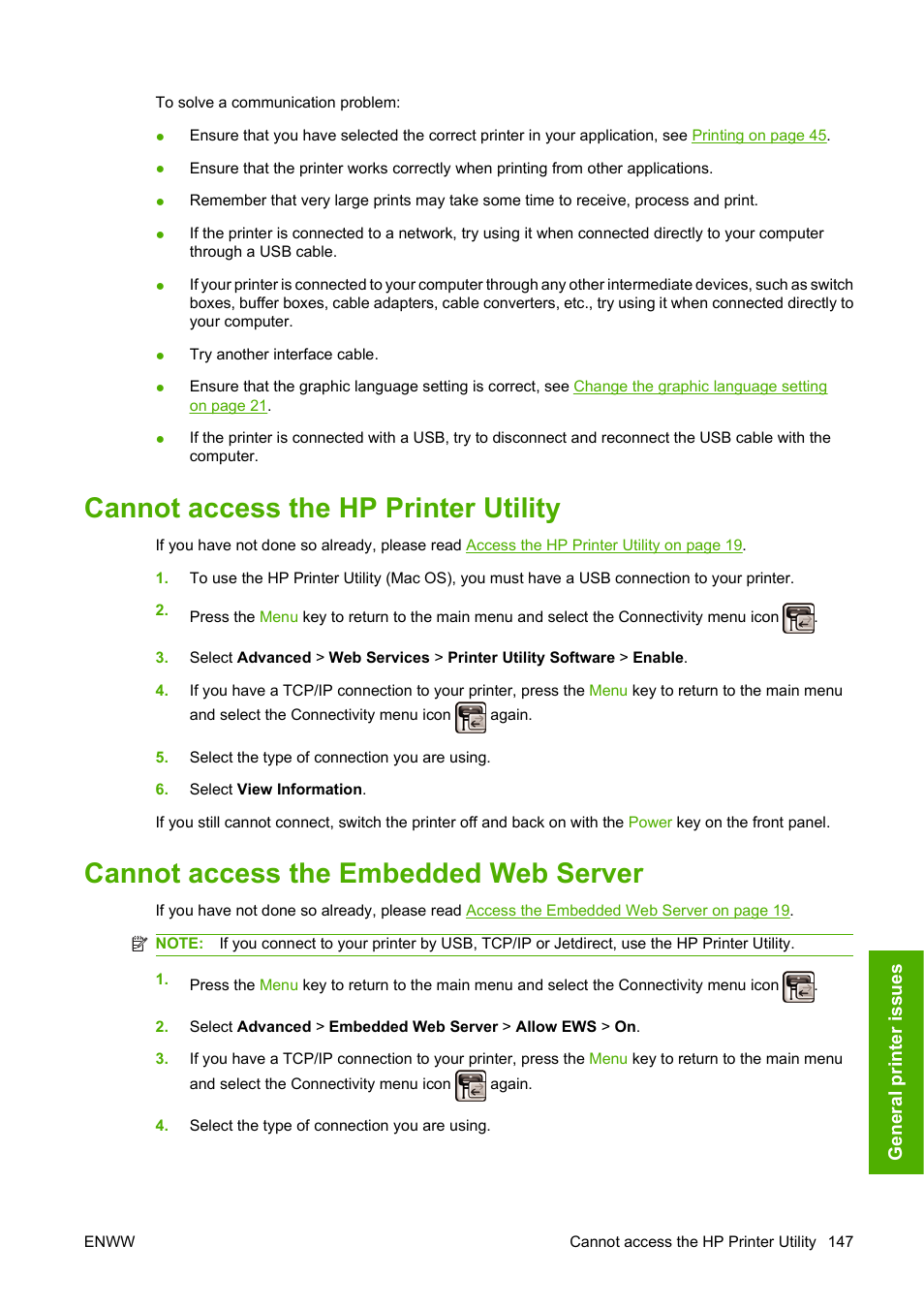 Cannot access the hp printer utility, Cannot access the embedded web server | HP Designjet T620 Printer series User Manual | Page 150 / 169