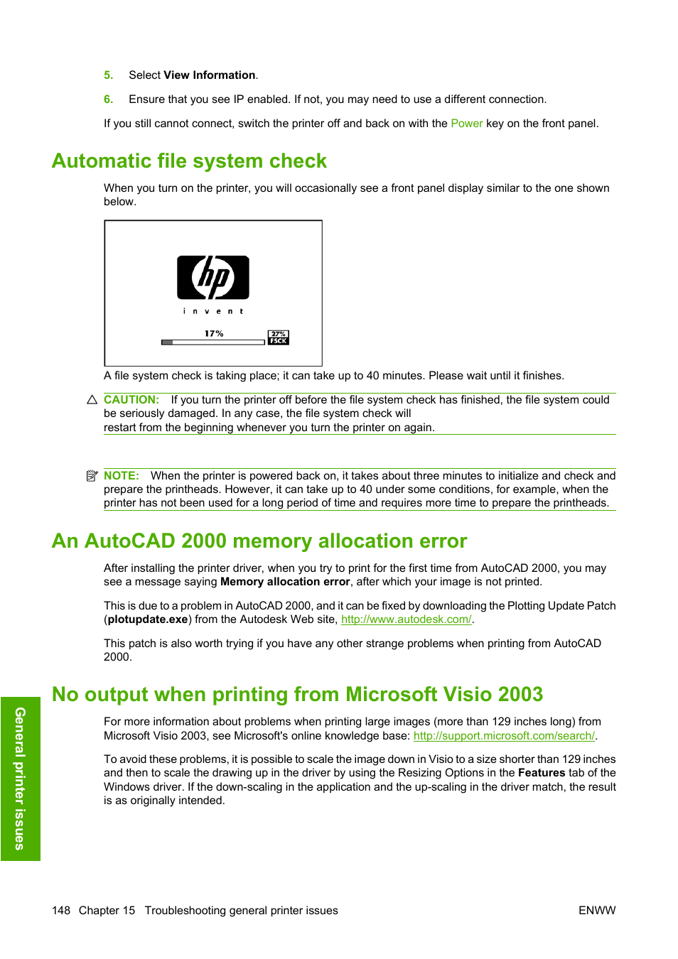 Automatic file system check, An autocad 2000 memory allocation error, No output when printing from microsoft visio 2003 | HP Designjet T620 Printer series User Manual | Page 151 / 169