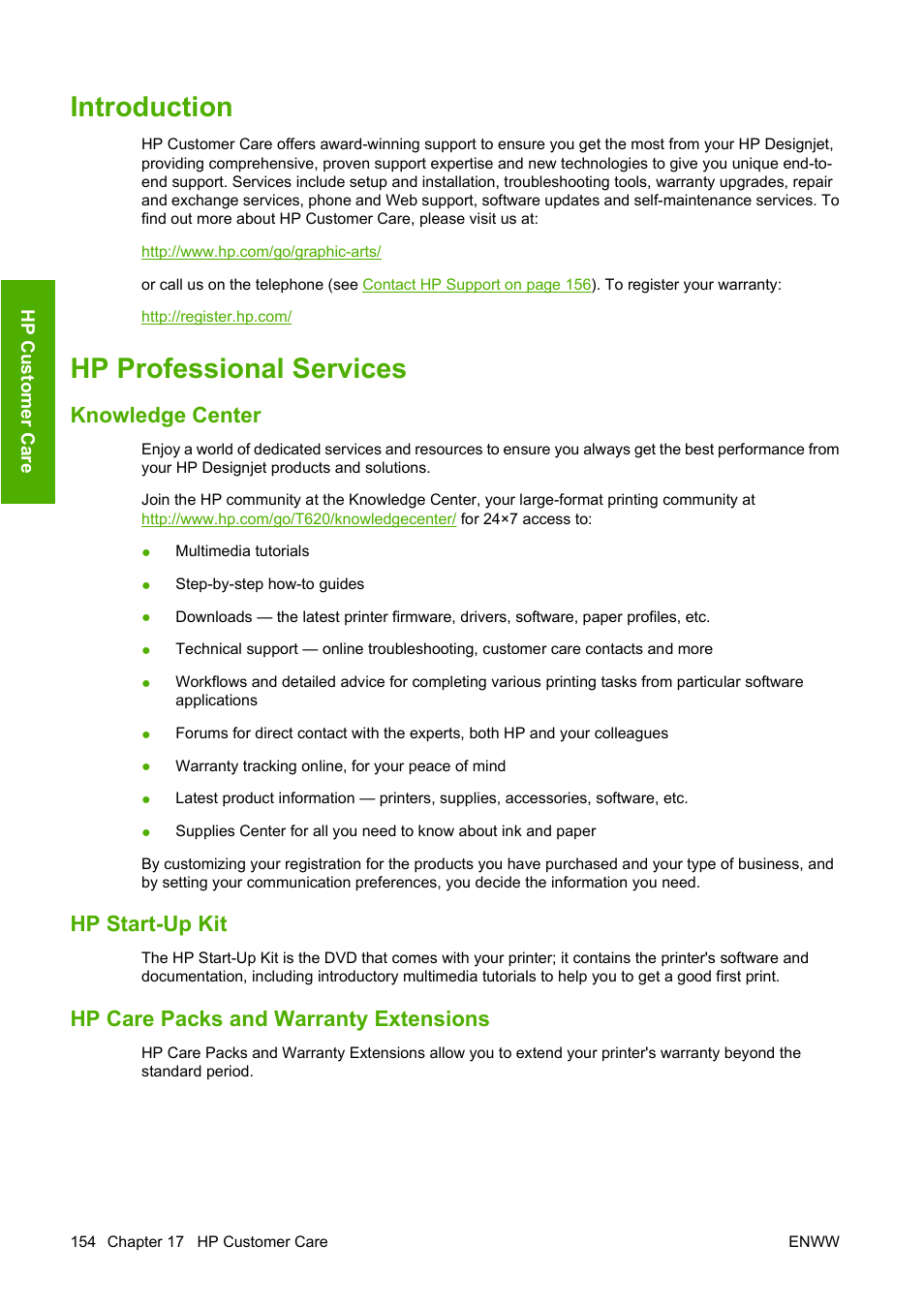 Introduction, Hp professional services, Knowledge center | Hp start-up kit, Hp care packs and warranty extensions, Introduction hp professional services | HP Designjet T620 Printer series User Manual | Page 157 / 169