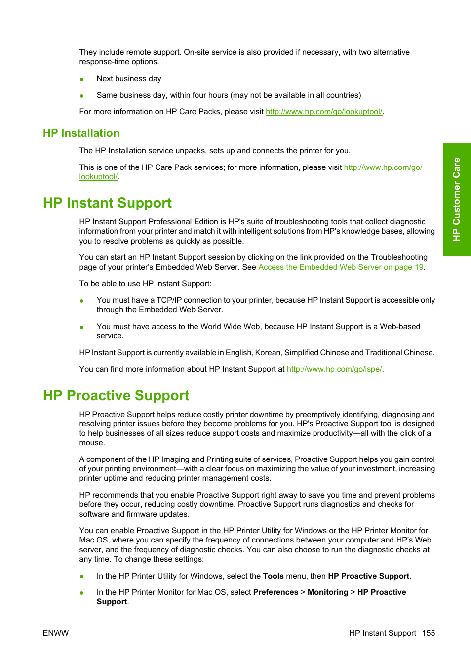 Hp installation, Hp instant support, Hp proactive support | Hp instant support hp proactive support | HP Designjet T620 Printer series User Manual | Page 158 / 169