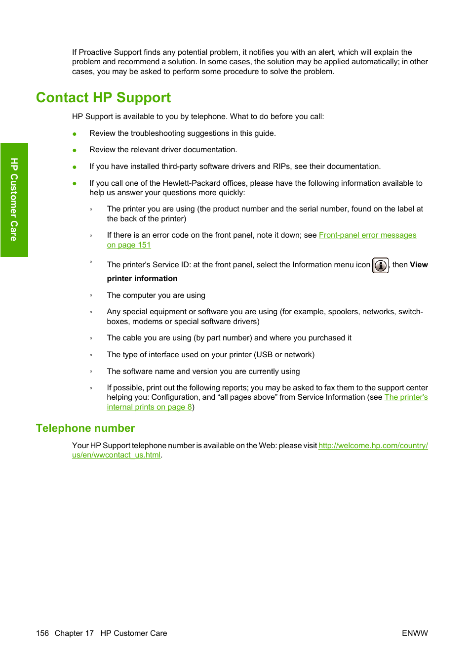 Contact hp support, Telephone number | HP Designjet T620 Printer series User Manual | Page 159 / 169