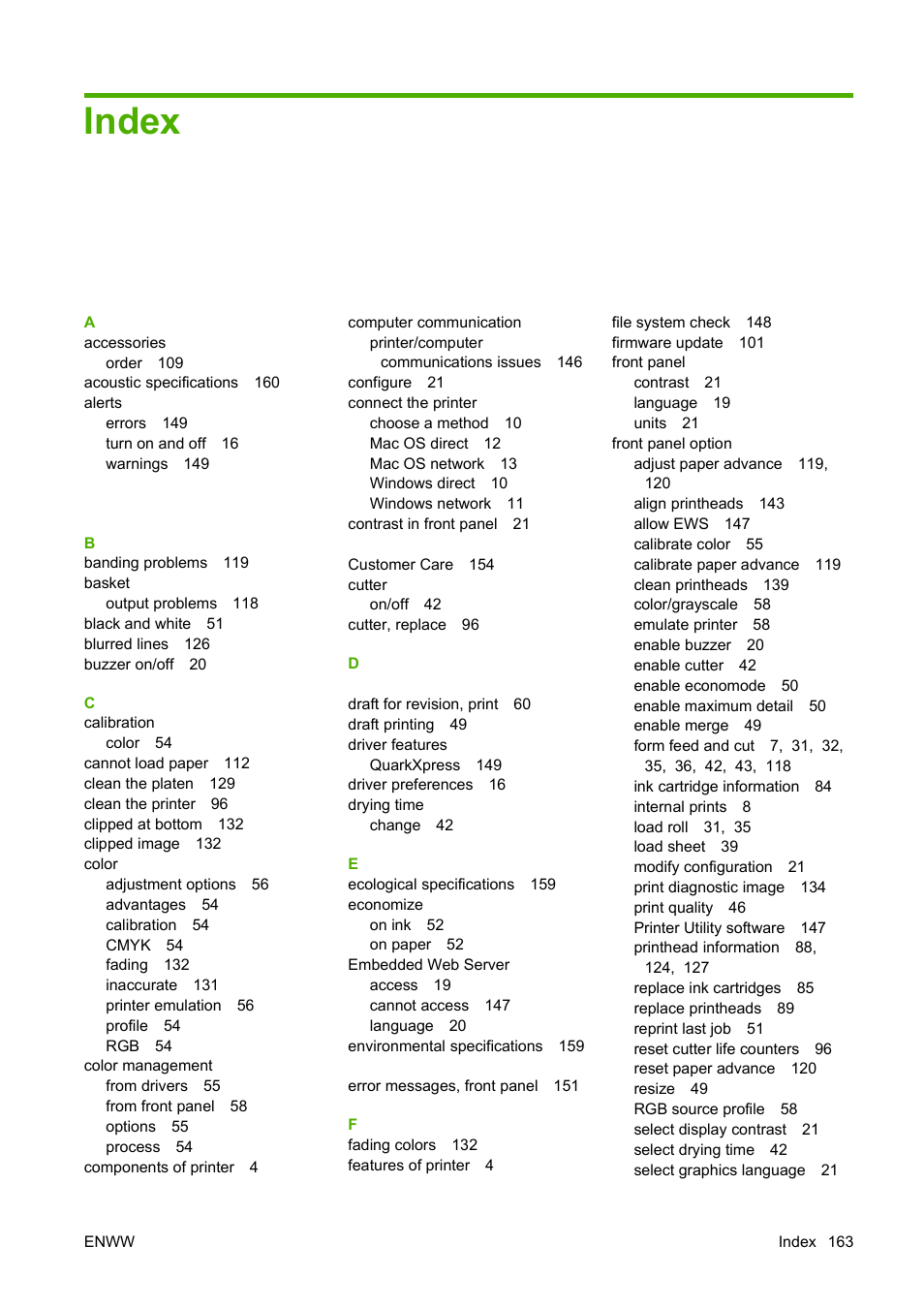 Index | HP Designjet T620 Printer series User Manual | Page 166 / 169
