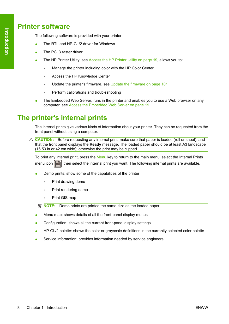 Printer software, The printer's internal prints, Printer software the printer's internal prints | HP Designjet T620 Printer series User Manual | Page 17 / 169