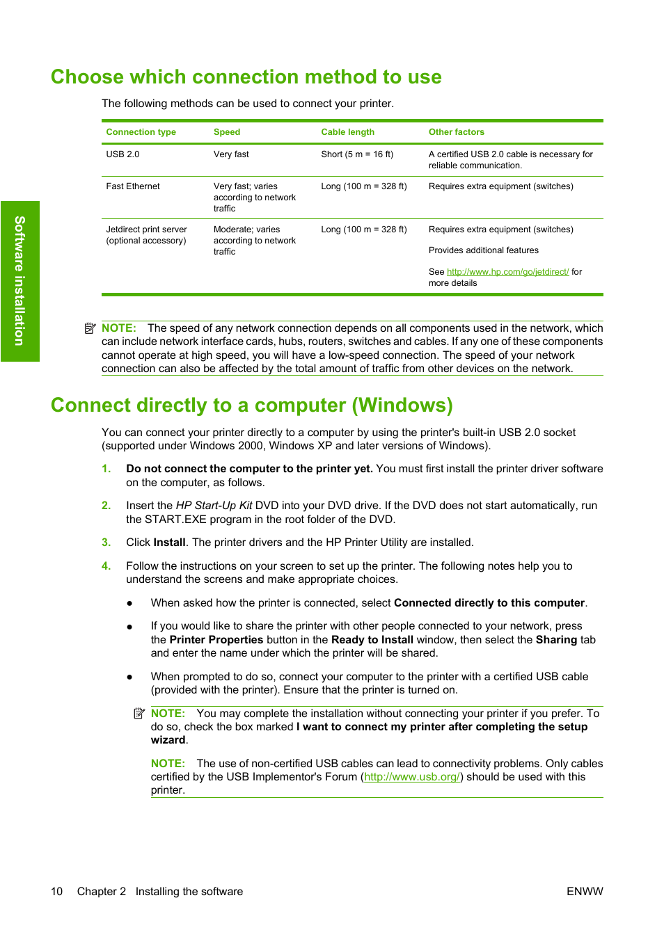 Choose which connection method to use, Connect directly to a computer (windows), Soft wa re inst al lat ion | HP Designjet T620 Printer series User Manual | Page 19 / 169