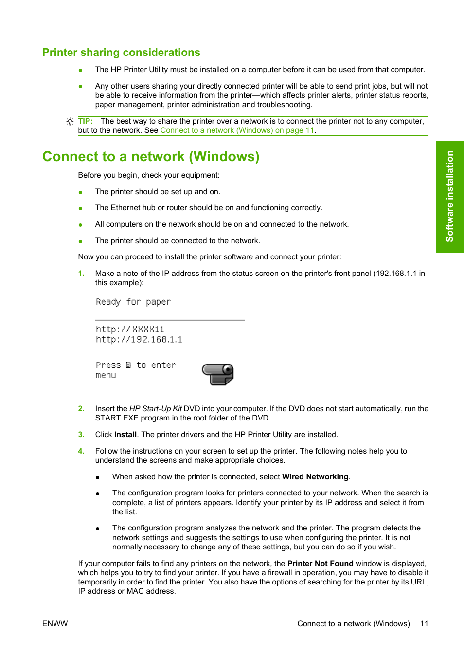 Printer sharing considerations, Connect to a network (windows) | HP Designjet T620 Printer series User Manual | Page 20 / 169