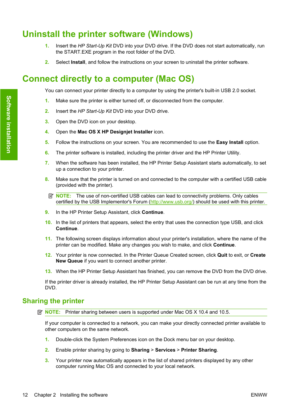 Uninstall the printer software (windows), Connect directly to a computer (mac os), Sharing the printer | HP Designjet T620 Printer series User Manual | Page 21 / 169