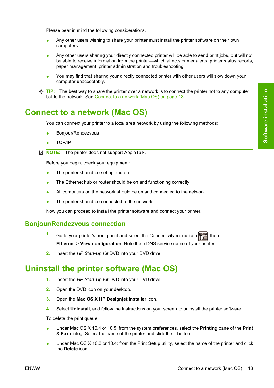 Connect to a network (mac os), Bonjour/rendezvous connection, Uninstall the printer software (mac os) | HP Designjet T620 Printer series User Manual | Page 22 / 169