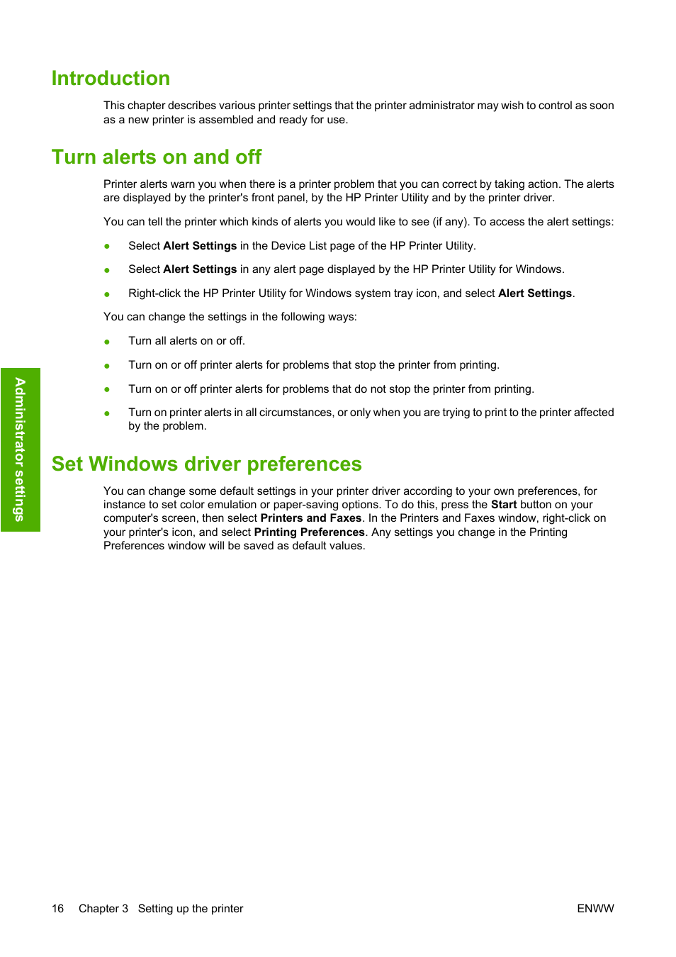 Introduction, Turn alerts on and off, Set windows driver preferences | HP Designjet T620 Printer series User Manual | Page 25 / 169