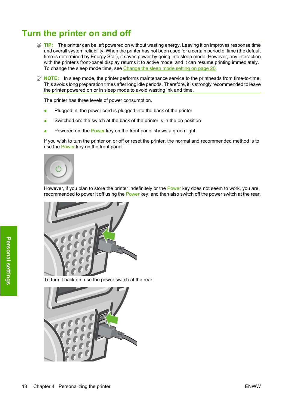 Turn the printer on and off | HP Designjet T620 Printer series User Manual | Page 27 / 169