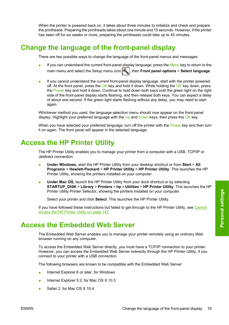 Change the language of the front-panel display, Access the hp printer utility, Access the embedded web server | HP Designjet T620 Printer series User Manual | Page 28 / 169