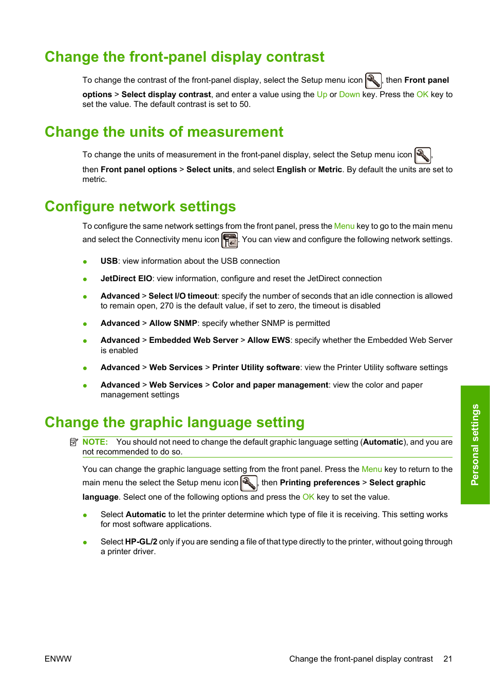 Change the front-panel display contrast, Change the units of measurement, Configure network settings | Change the graphic language setting | HP Designjet T620 Printer series User Manual | Page 30 / 169
