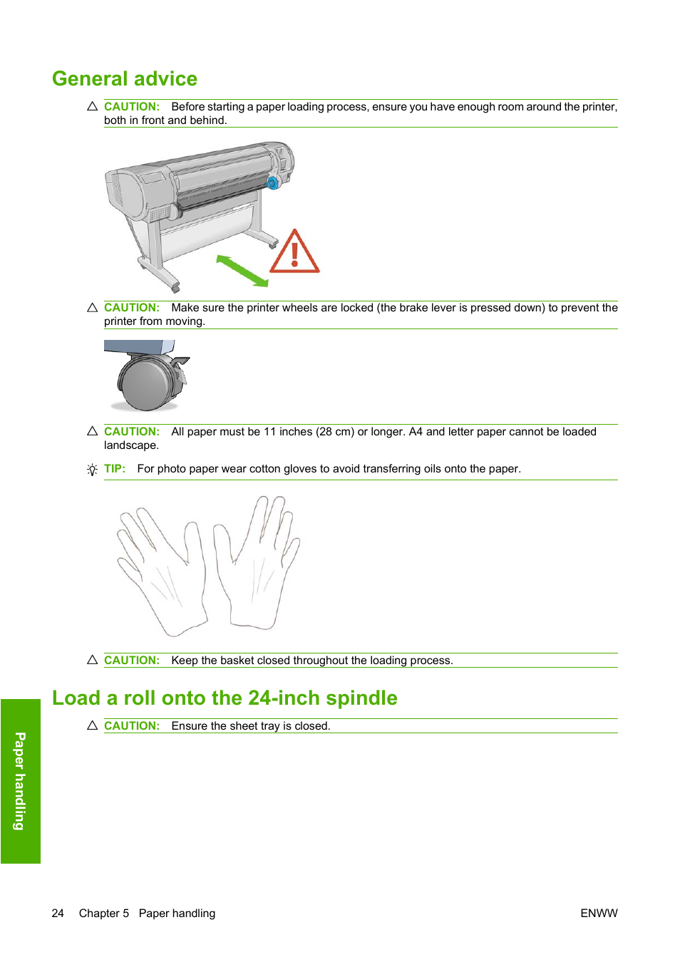 General advice, Load a roll onto the 24-inch spindle | HP Designjet T620 Printer series User Manual | Page 33 / 169