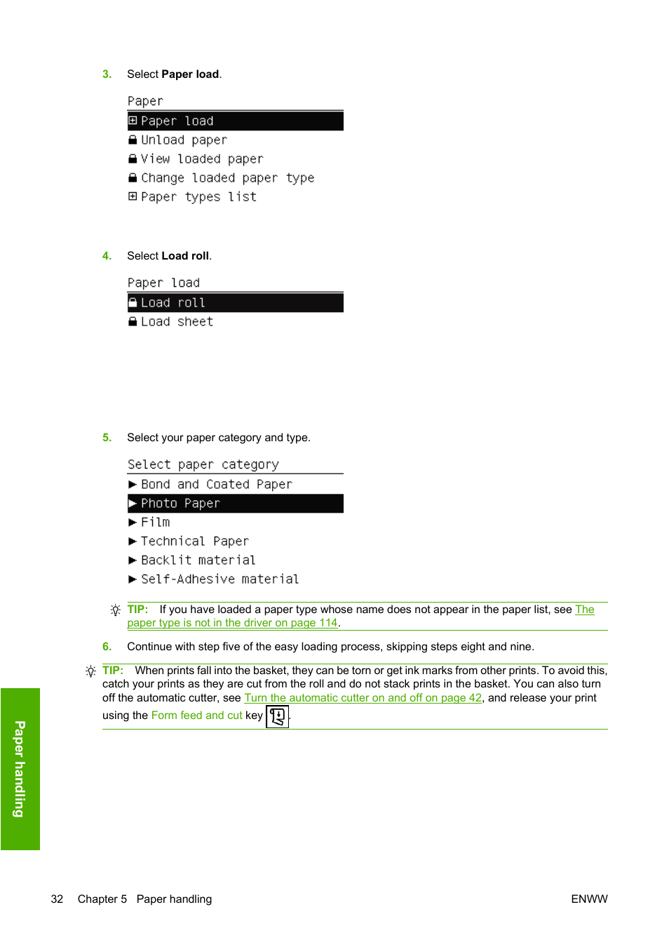 Load a roll into the 44-inch printer, Load a roll into the 24-inch printer | HP Designjet T620 Printer series User Manual | Page 41 / 169