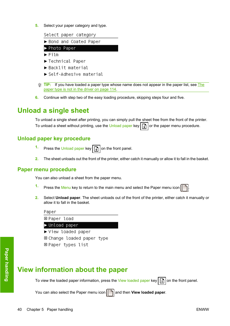 Unload a single sheet, Unload paper key procedure, Paper menu procedure | View information about the paper | HP Designjet T620 Printer series User Manual | Page 46 / 169