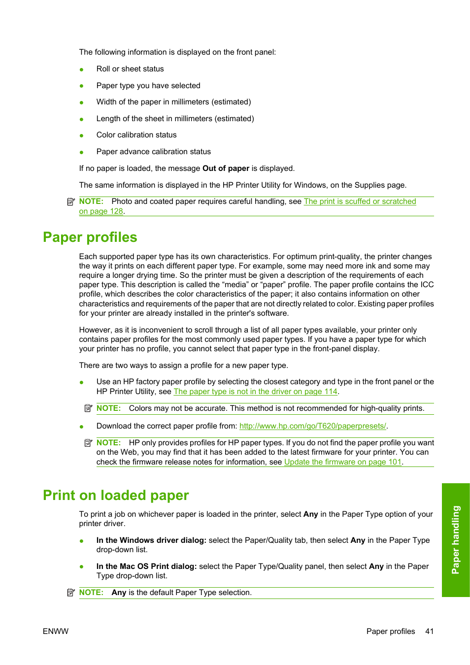 Paper profiles, Print on loaded paper, Paper profiles print on loaded paper | HP Designjet T620 Printer series User Manual | Page 47 / 169