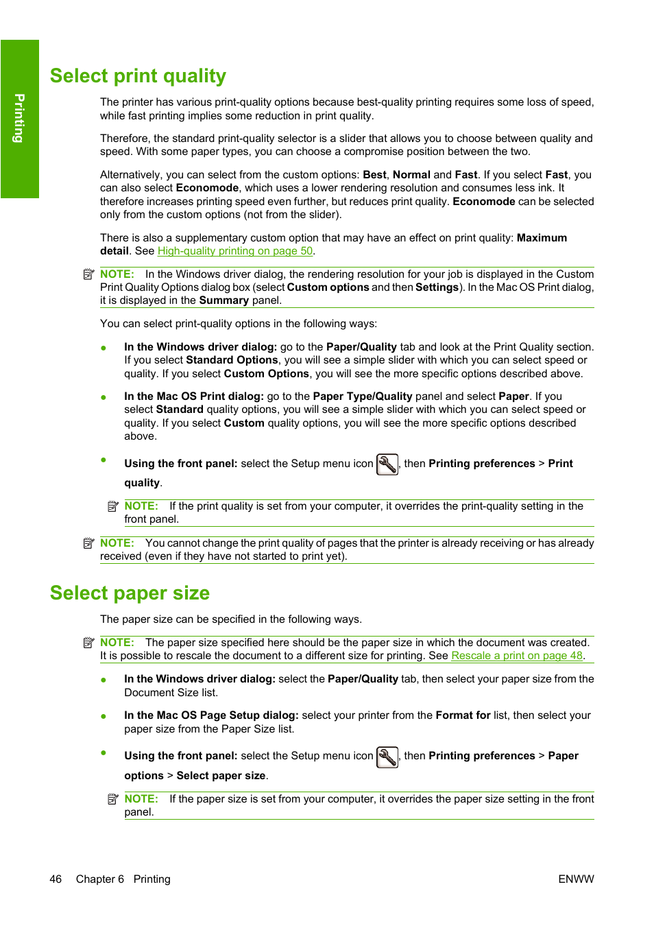 Select print quality, Select paper size, Select print quality select paper size | HP Designjet T620 Printer series User Manual | Page 52 / 169