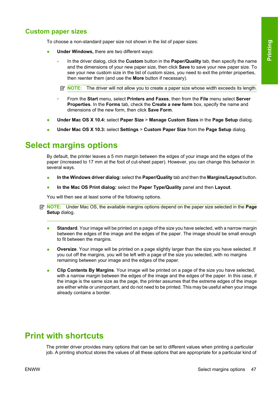 Custom paper sizes, Select margins options, Print with shortcuts | Select margins options print with shortcuts | HP Designjet T620 Printer series User Manual | Page 53 / 169
