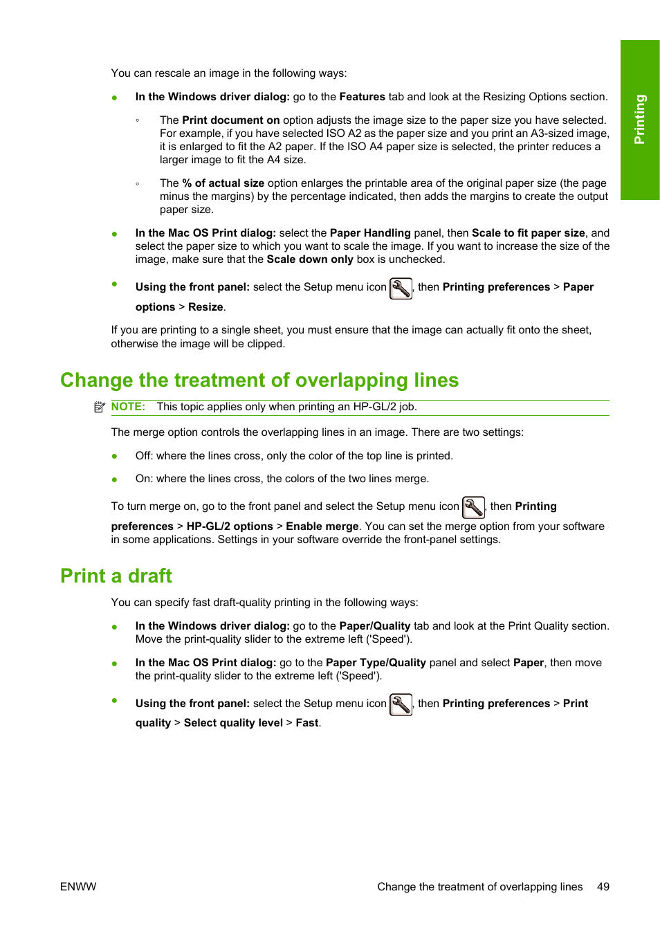 Change the treatment of overlapping lines, Print a draft | HP Designjet T620 Printer series User Manual | Page 55 / 169