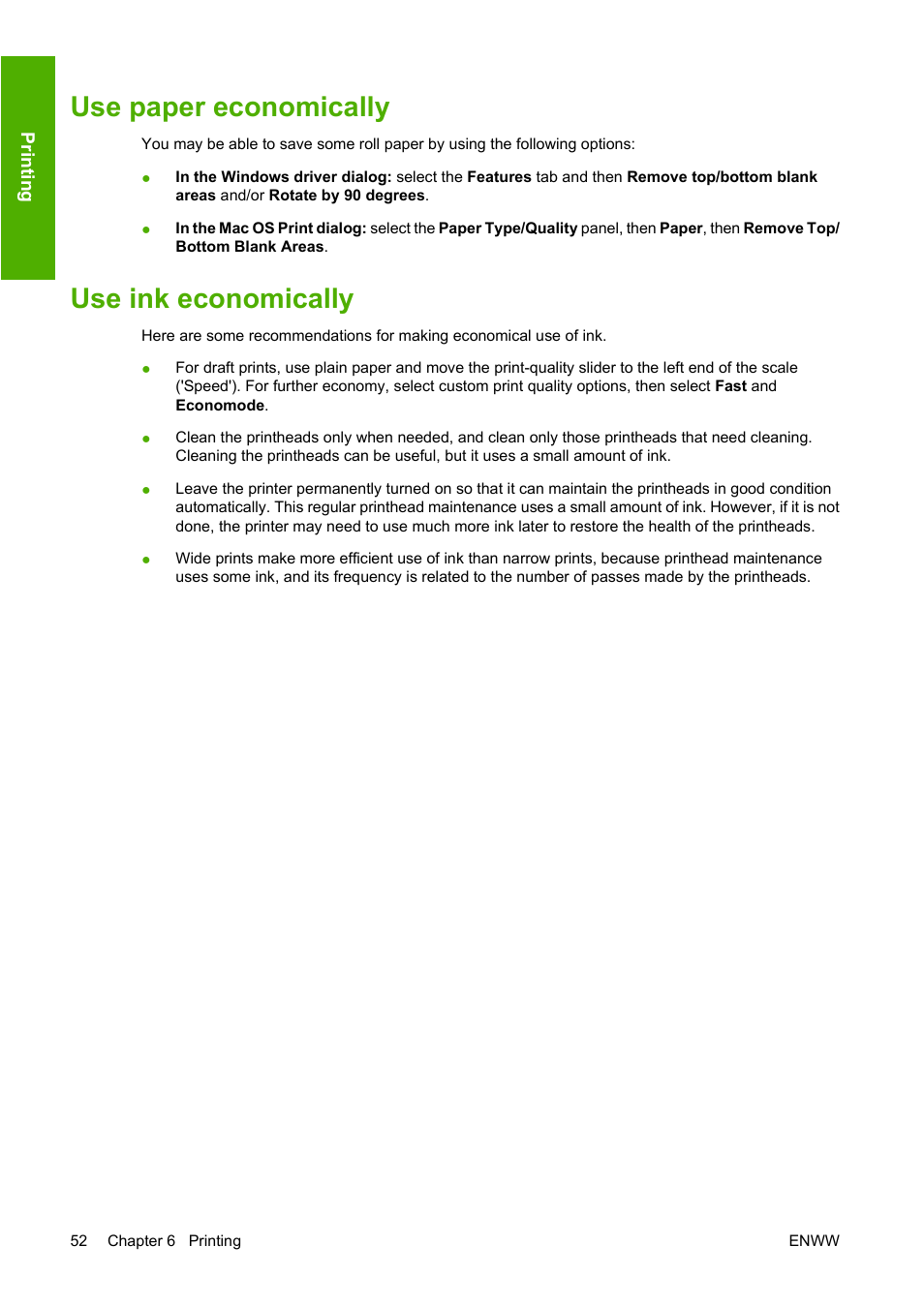 Use paper economically, Use ink economically, Use paper economically use ink economically | HP Designjet T620 Printer series User Manual | Page 58 / 169