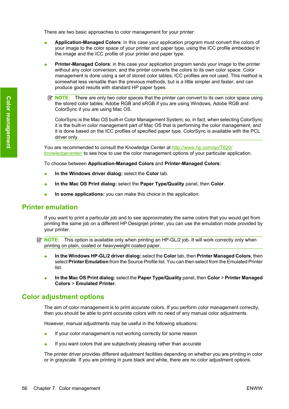 Printer emulation, Color adjustment options | HP Designjet T620 Printer series User Manual | Page 62 / 169