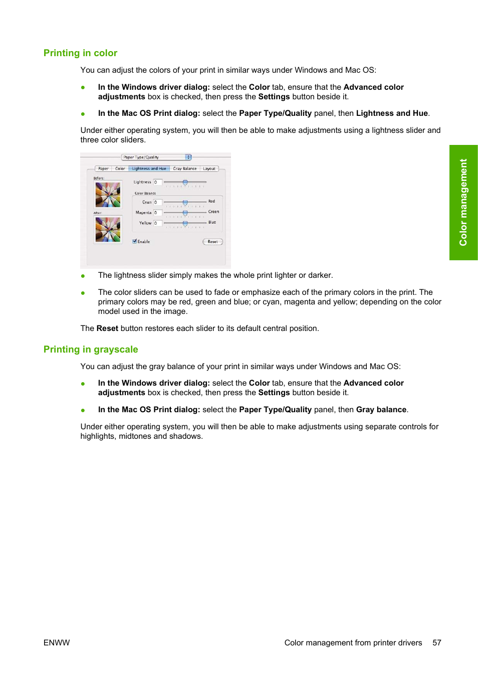 Printing in color, Printing in grayscale | HP Designjet T620 Printer series User Manual | Page 63 / 169