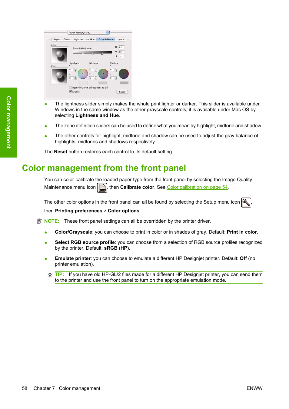 Color management from the front panel | HP Designjet T620 Printer series User Manual | Page 64 / 169