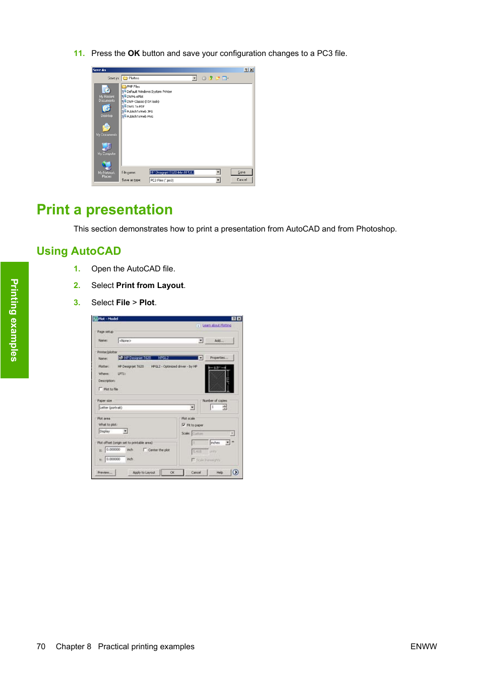 Print a presentation, Using autocad | HP Designjet T620 Printer series User Manual | Page 73 / 169