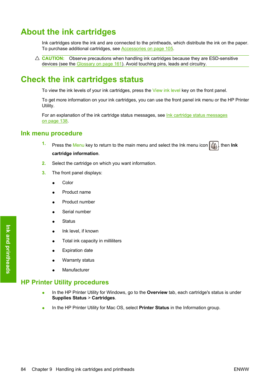 About the ink cartridges, Check the ink cartridges status, Ink menu procedure | Hp printer utility procedures | HP Designjet T620 Printer series User Manual | Page 87 / 169