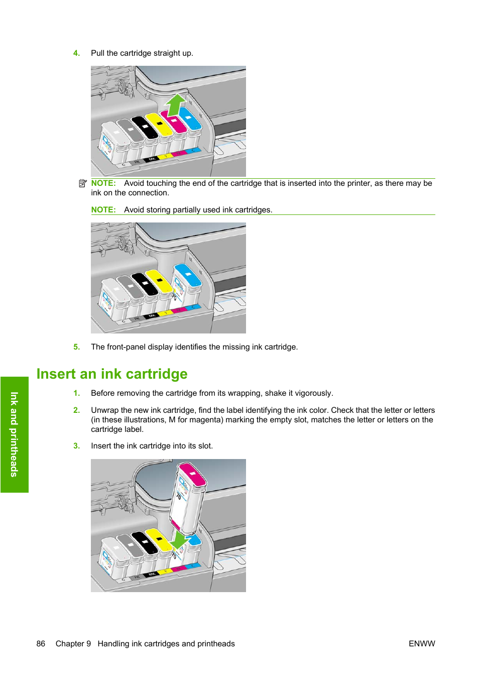 Insert an ink cartridge | HP Designjet T620 Printer series User Manual | Page 89 / 169