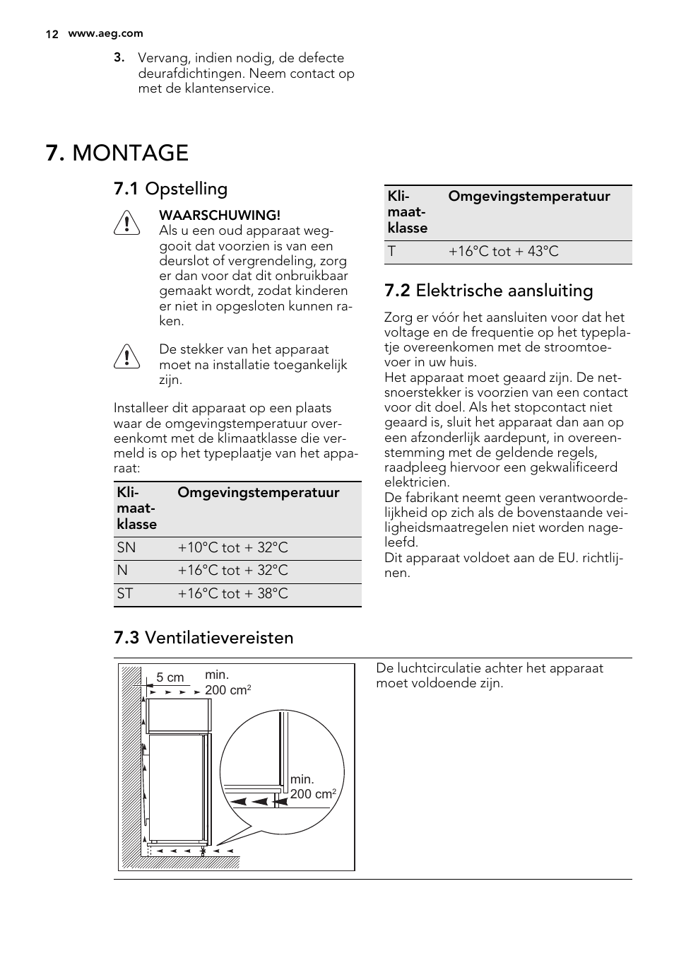 Montage, 1 opstelling, 2 elektrische aansluiting | 3 ventilatievereisten | AEG A92200GNM0 User Manual | Page 12 / 84