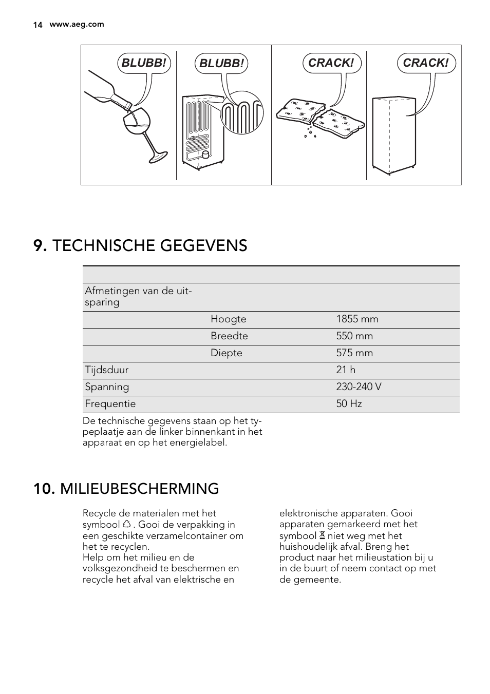 Technische gegevens, Milieubescherming | AEG A92200GNM0 User Manual | Page 14 / 84