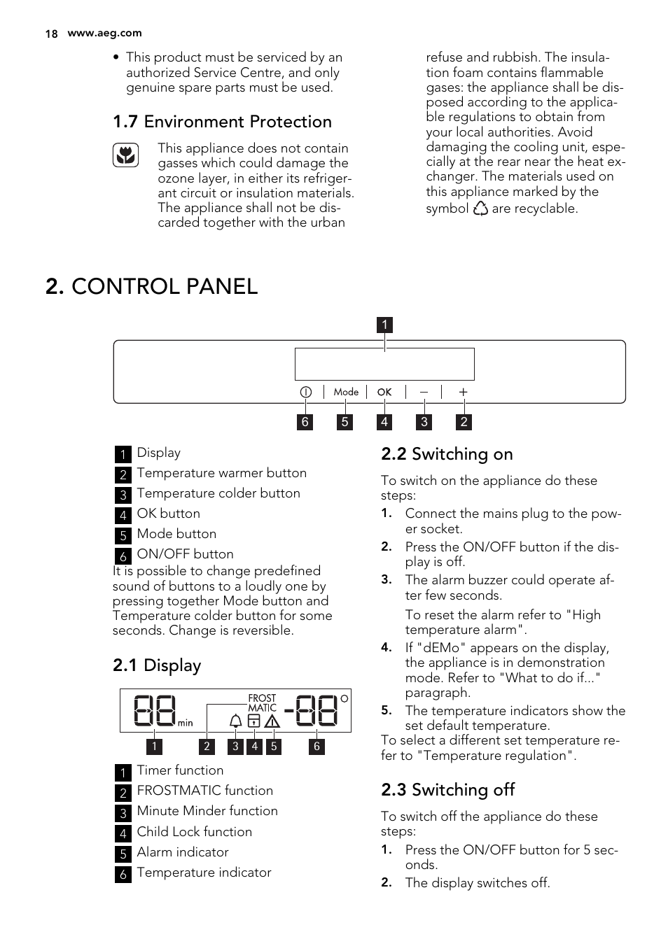 Control panel, 7 environment protection, 1 display | 2 switching on, 3 switching off | AEG A92200GNM0 User Manual | Page 18 / 84