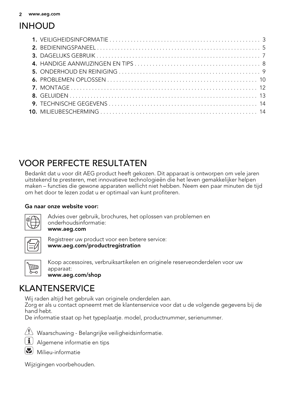 Inhoud, Voor perfecte resultaten, Klantenservice | AEG A92200GNM0 User Manual | Page 2 / 84