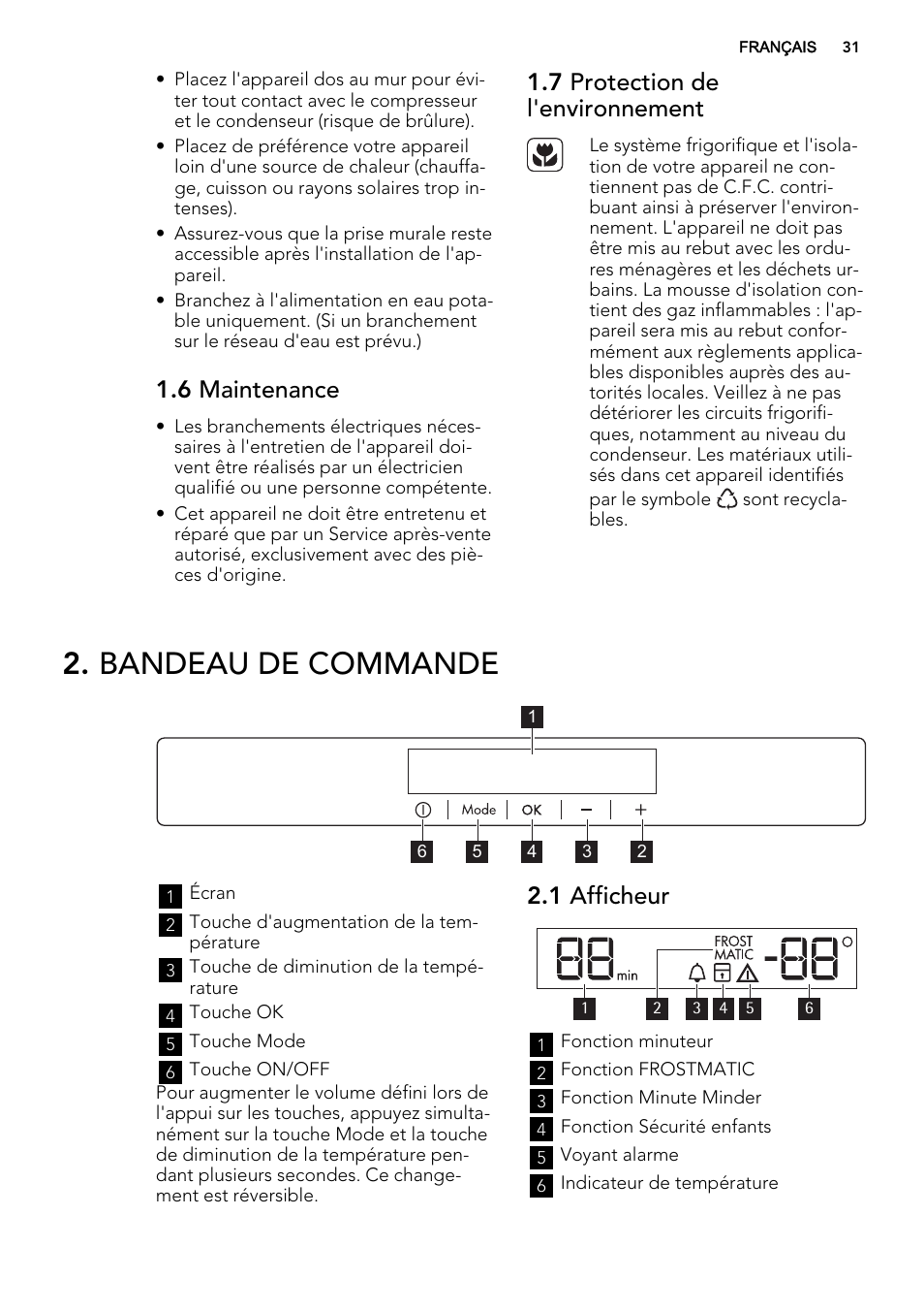 Bandeau de commande, 6 maintenance, 7 protection de l'environnement | 1 afficheur | AEG A92200GNM0 User Manual | Page 31 / 84