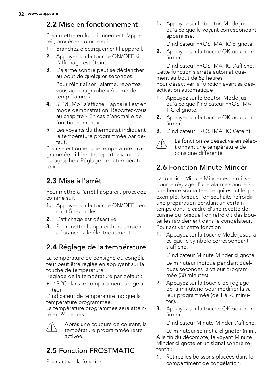 2 mise en fonctionnement, 3 mise à l'arrêt, 4 réglage de la température | 5 fonction frostmatic, 6 fonction minute minder | AEG A92200GNM0 User Manual | Page 32 / 84