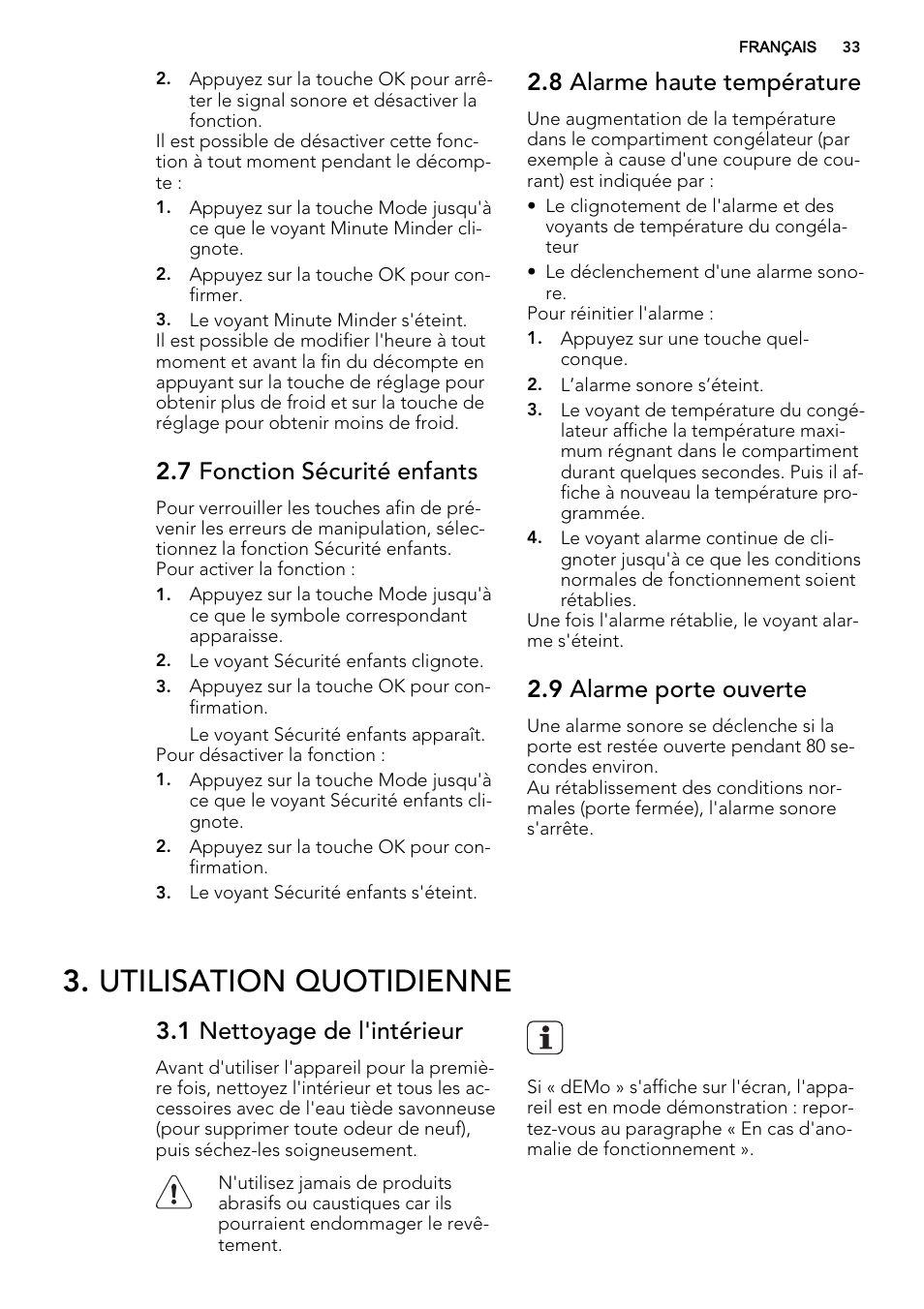 Utilisation quotidienne, 7 fonction sécurité enfants, 8 alarme haute température | 9 alarme porte ouverte, 1 nettoyage de l'intérieur | AEG A92200GNM0 User Manual | Page 33 / 84