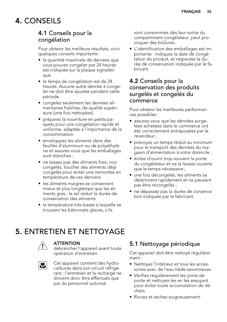 Conseils, Entretien et nettoyage, 1 conseils pour la congélation | 1 nettoyage périodique | AEG A92200GNM0 User Manual | Page 35 / 84