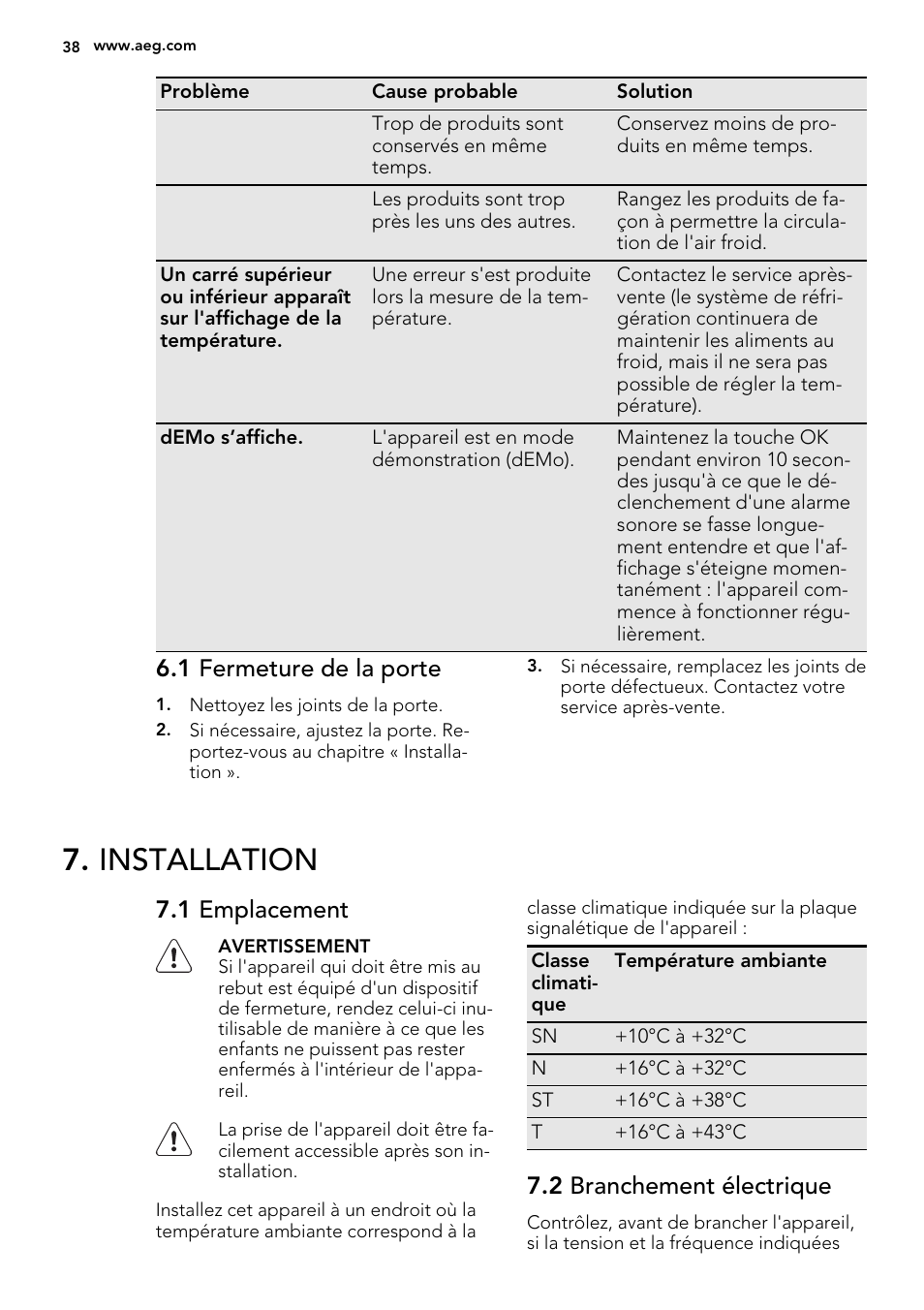 Installation, 1 fermeture de la porte, 1 emplacement | 2 branchement électrique | AEG A92200GNM0 User Manual | Page 38 / 84