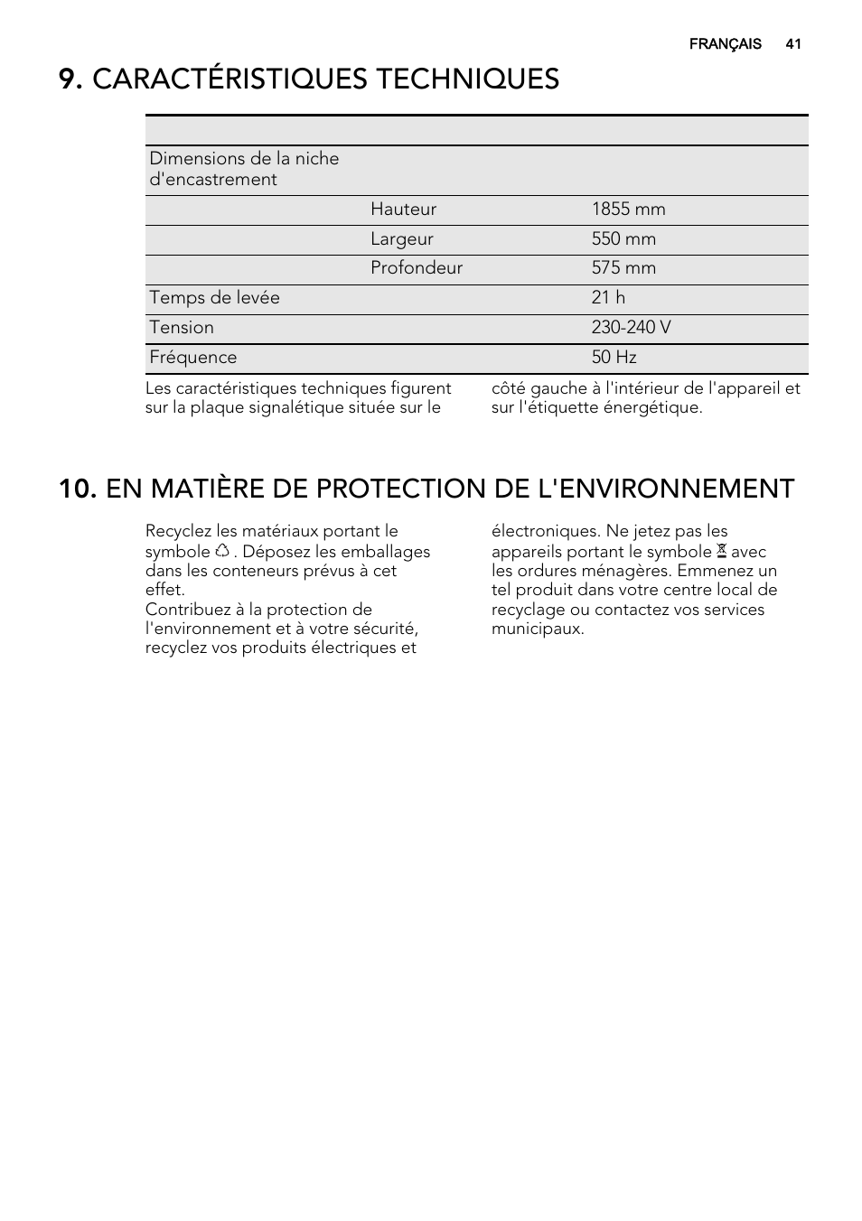 Caractéristiques techniques, En matière de protection de l'environnement | AEG A92200GNM0 User Manual | Page 41 / 84