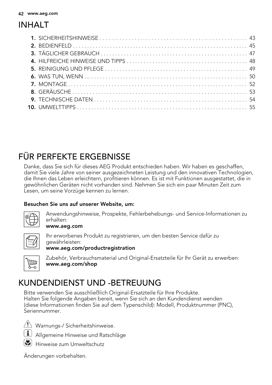 Inhalt, Für perfekte ergebnisse, Kundendienst und -betreuung | AEG A92200GNM0 User Manual | Page 42 / 84