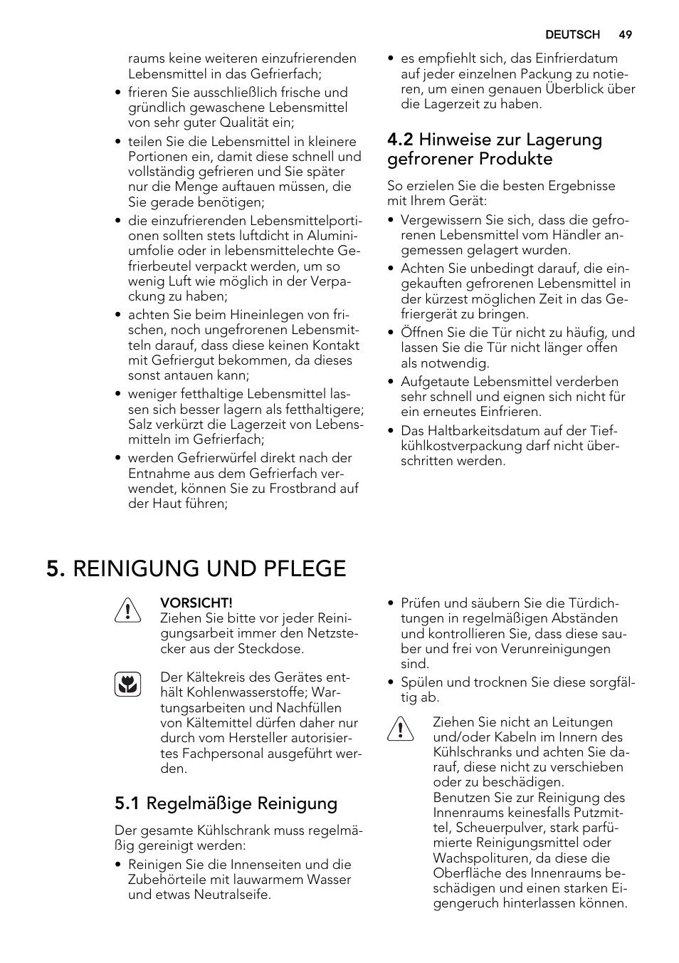 Reinigung und pflege, 2 hinweise zur lagerung gefrorener produkte, 1 regelmäßige reinigung | AEG A92200GNM0 User Manual | Page 49 / 84