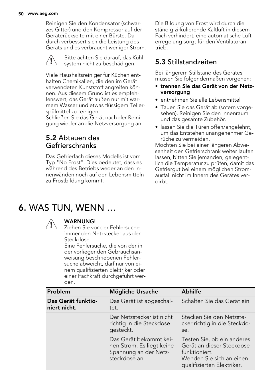 Was tun, wenn, 2 abtauen des gefrierschranks, 3 stillstandzeiten | AEG A92200GNM0 User Manual | Page 50 / 84