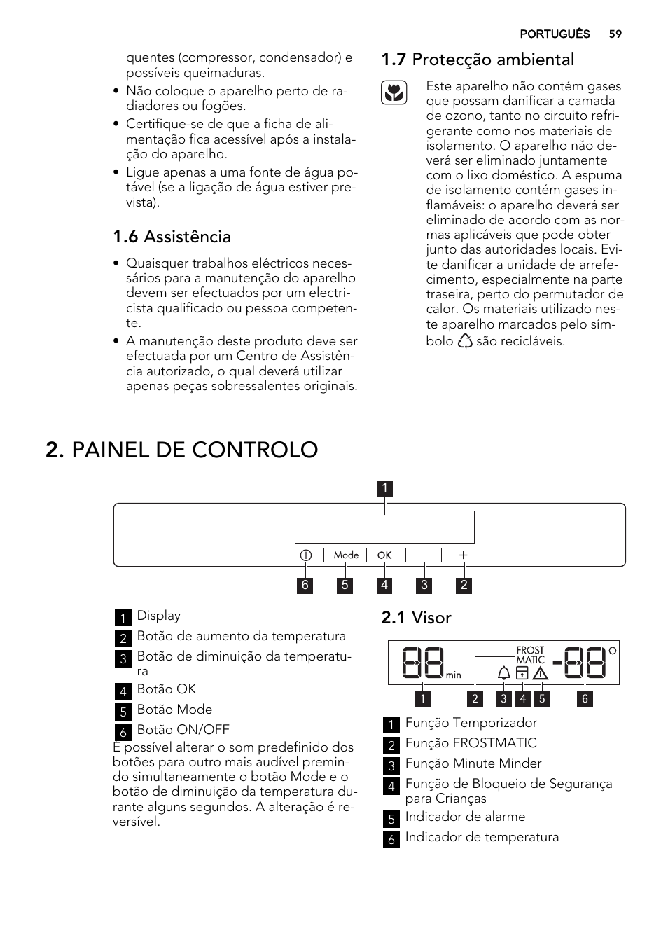 Painel de controlo, 6 assistência, 7 protecção ambiental | 1 visor | AEG A92200GNM0 User Manual | Page 59 / 84