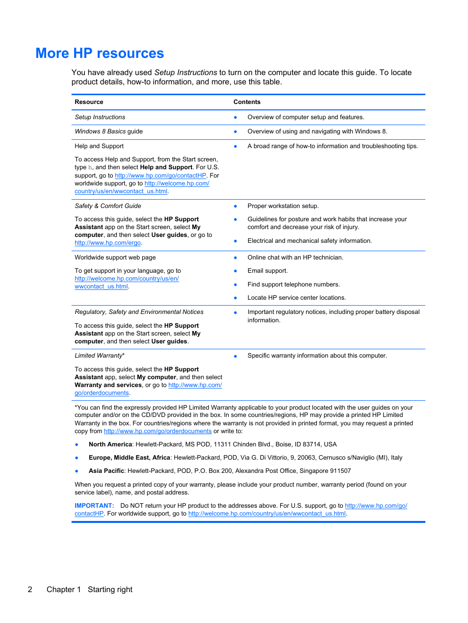More hp resources, 2chapter 1 starting right | HP Pavilion g4-2235dx Notebook PC User Manual | Page 12 / 84