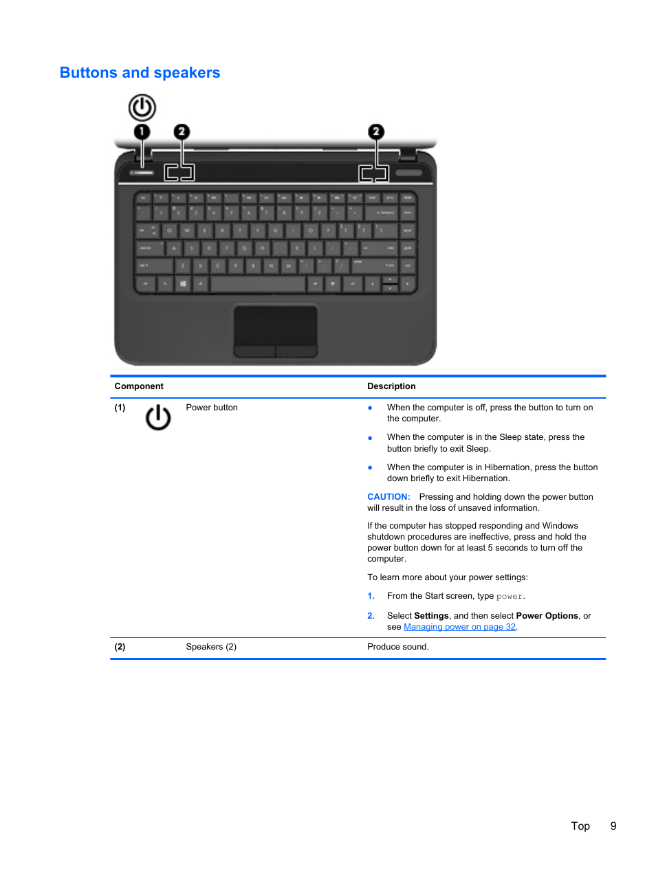 Buttons and speakers | HP Pavilion g4-2235dx Notebook PC User Manual | Page 19 / 84