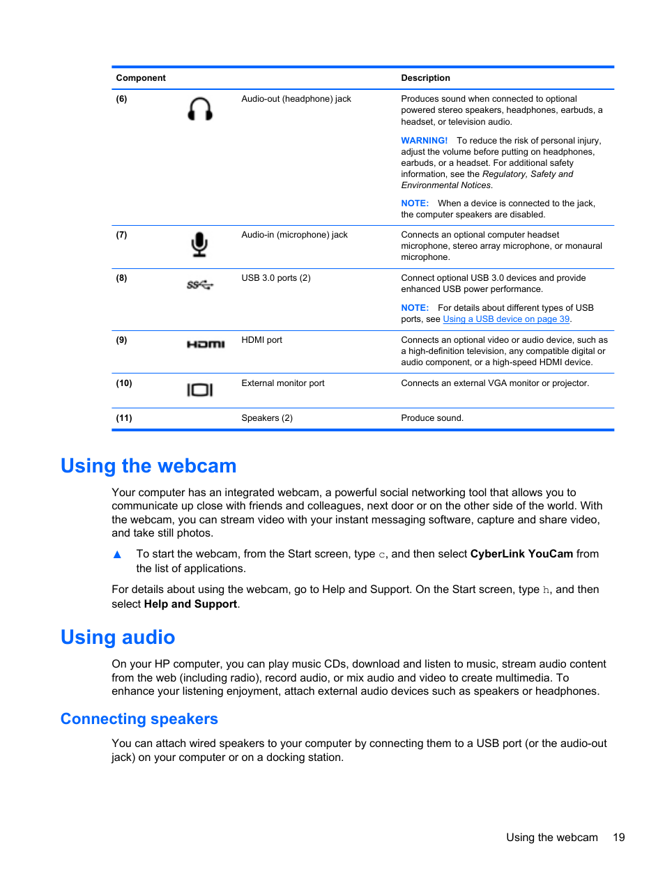 Using the webcam, Using audio, Connecting speakers | Using the webcam using audio | HP Pavilion g4-2235dx Notebook PC User Manual | Page 29 / 84