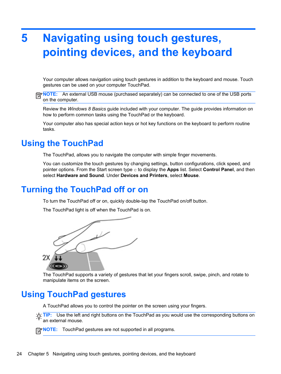 Using the touchpad, Turning the touchpad off or on, Using touchpad gestures | HP Pavilion g4-2235dx Notebook PC User Manual | Page 34 / 84
